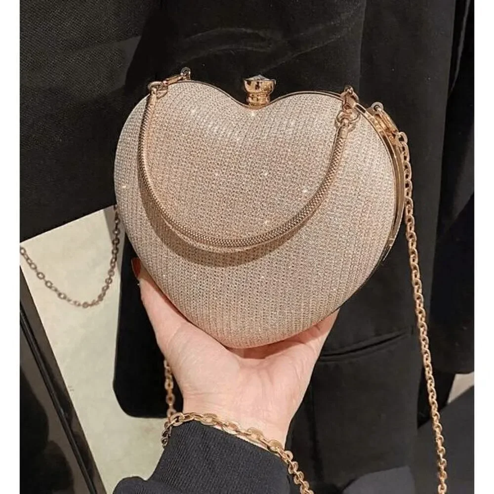 ❤️✨ Gold Sparkling Glitter Heart Shaped Top Handle Chain Clutch Purse Bag NEW